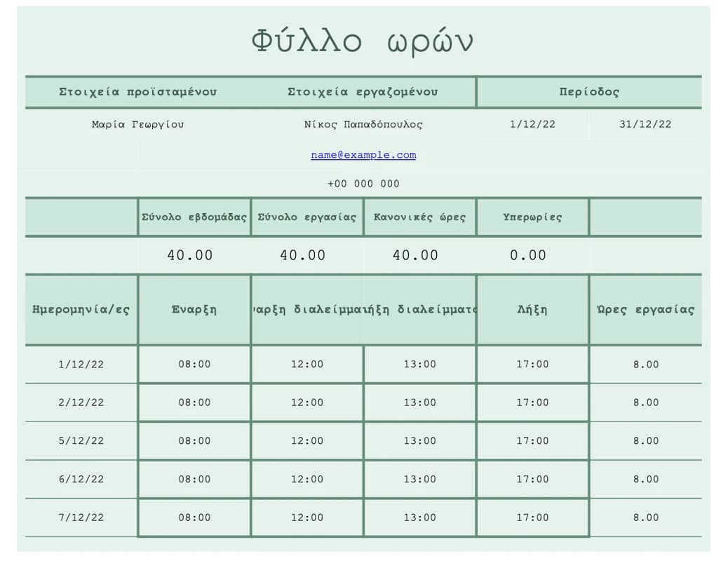 Προεπισκόπηση αναλυτικού πίνακα ωραρίου Excel ανά έργο ή εργασία